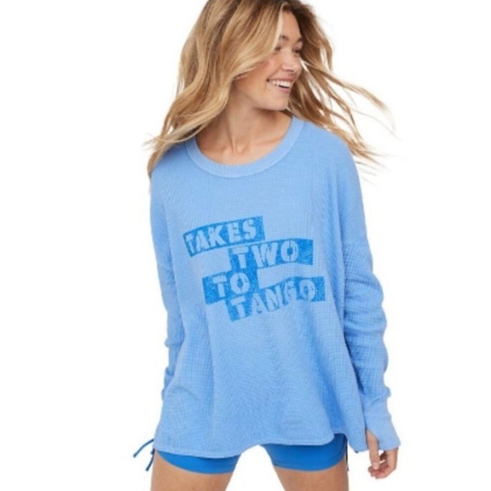 Aerie Offline Blue Graphic Long Sleeve Thermal Waffle Knit Top Size XS Oversized